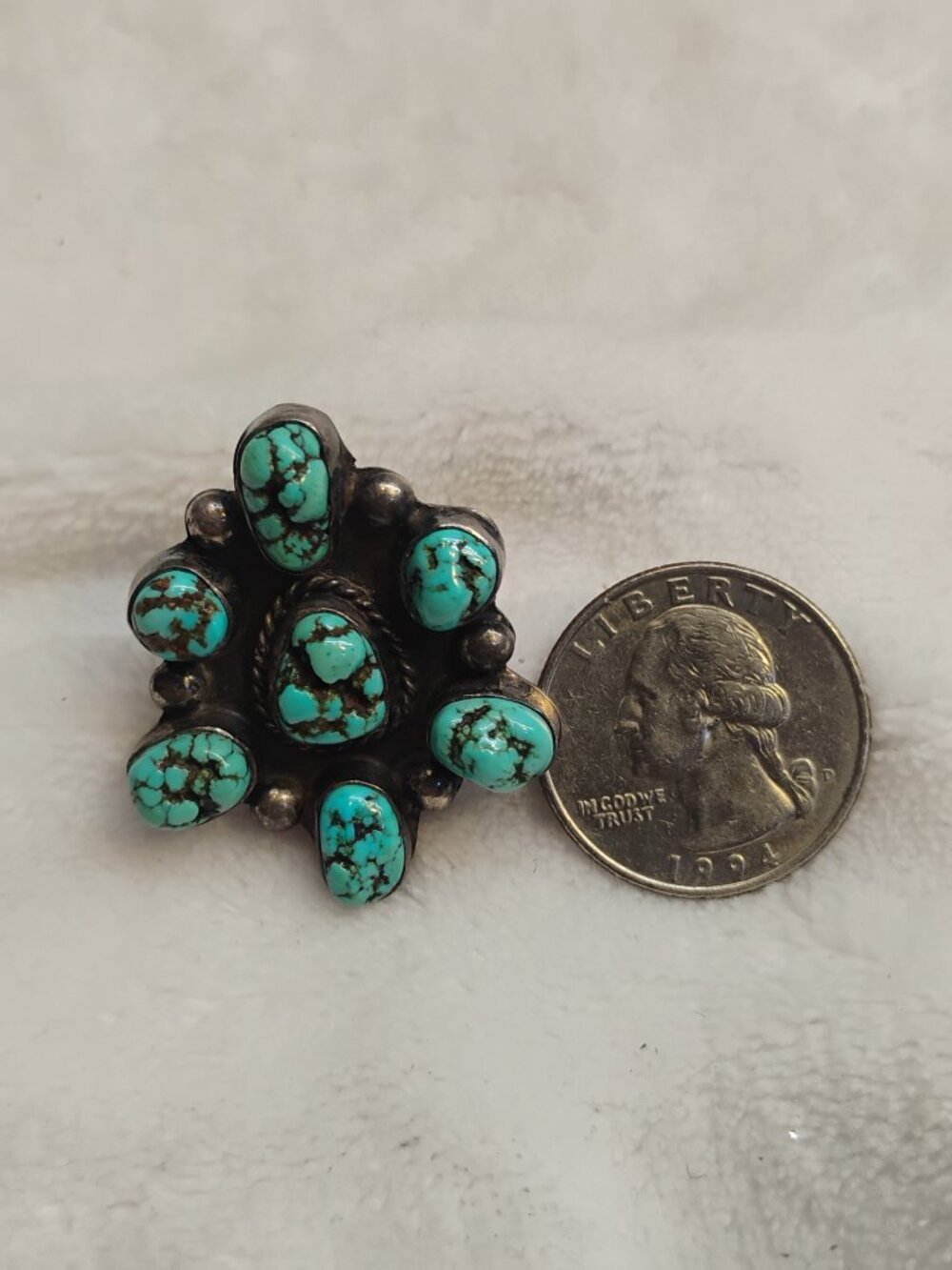 Vintage Navajo Turquoise Cluster Sterling Silver Ring Native American Southwest - Picture 12 of 13